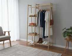 מתלה בגדים פתוח מבמבוק משולב ארון מדפים – עמוד תלייה וארגונית נעליים מעוצבת הום סייל - מוצרים איכותיים לבית