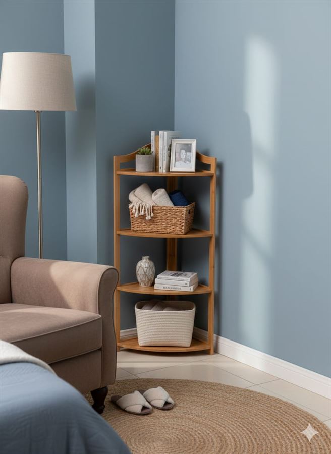 מעמד כוננית 4 מדפים פינתי מעץ מעוצב – פתרון אחסון דקורטיבי לבית, לחדר הרחצה ולחדר השינה לסלון או למשרד