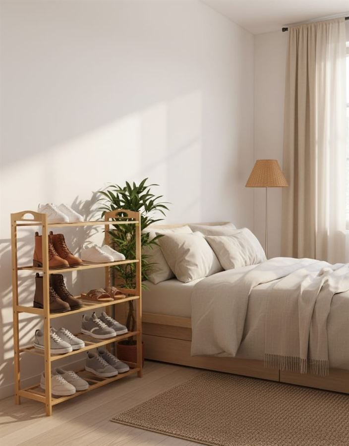 כוננית נעליים מעץ במבוק 5 קומות – מדף אחסון ל-15 זוגות נעליים לכניסה לבית