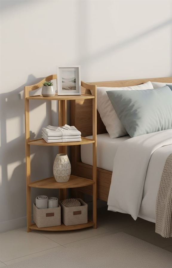 מעמד כוננית 4 מדפים פינתי מעץ מעוצב – פתרון אחסון דקורטיבי לבית, לחדר הרחצה ולחדר השינה לסלון או למשרד