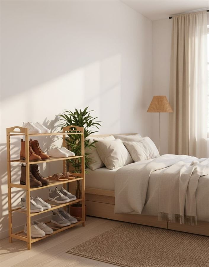 כוננית נעליים מעץ במבוק 5 קומות – מדף אחסון ל-15 זוגות נעליים לכניסה לבית