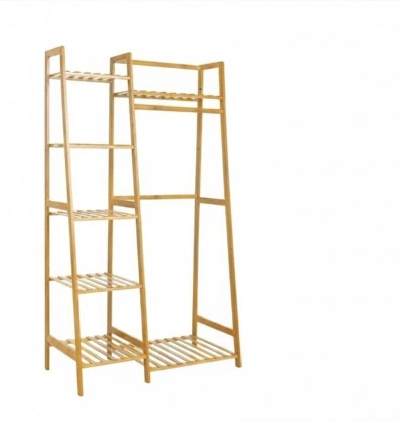 מתלה בגדים פתוח מבמבוק משולב ארון מדפים – עמוד תלייה וארגונית נעליים מעוצבת