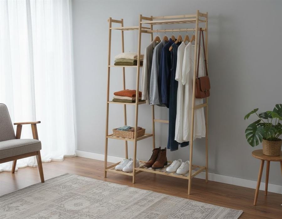 מתלה בגדים פתוח מבמבוק משולב ארון מדפים – עמוד תלייה וארגונית נעליים מעוצבת