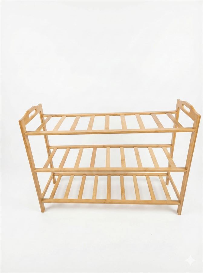 כוננית נעליים מעץ במבוק 3 קומות | ארון נעליים פתוח | מדף אחסון מעוצב לבית