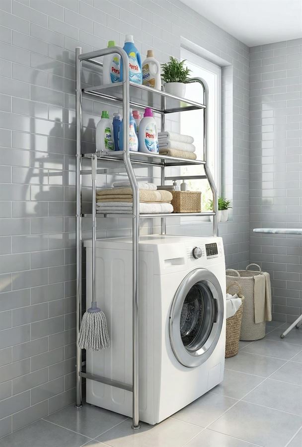 מדף אחסון מעל מכונת כביסה – ארגונית מדפים לחדר כביסה